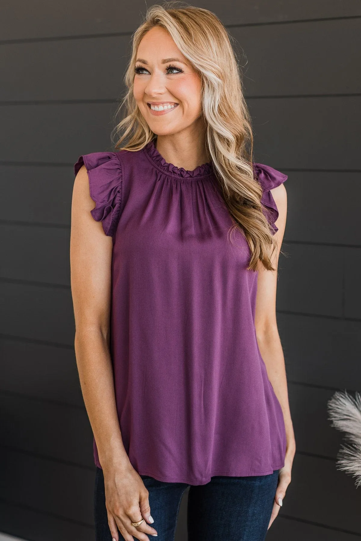 All For Love Ruffle Blouse- Eggplant