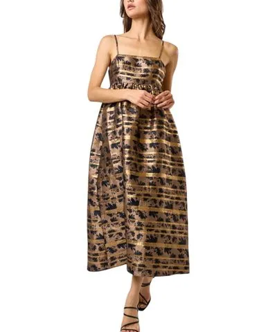 Bardot Sleeveless Jacquard Midi Dress In Brown/gold