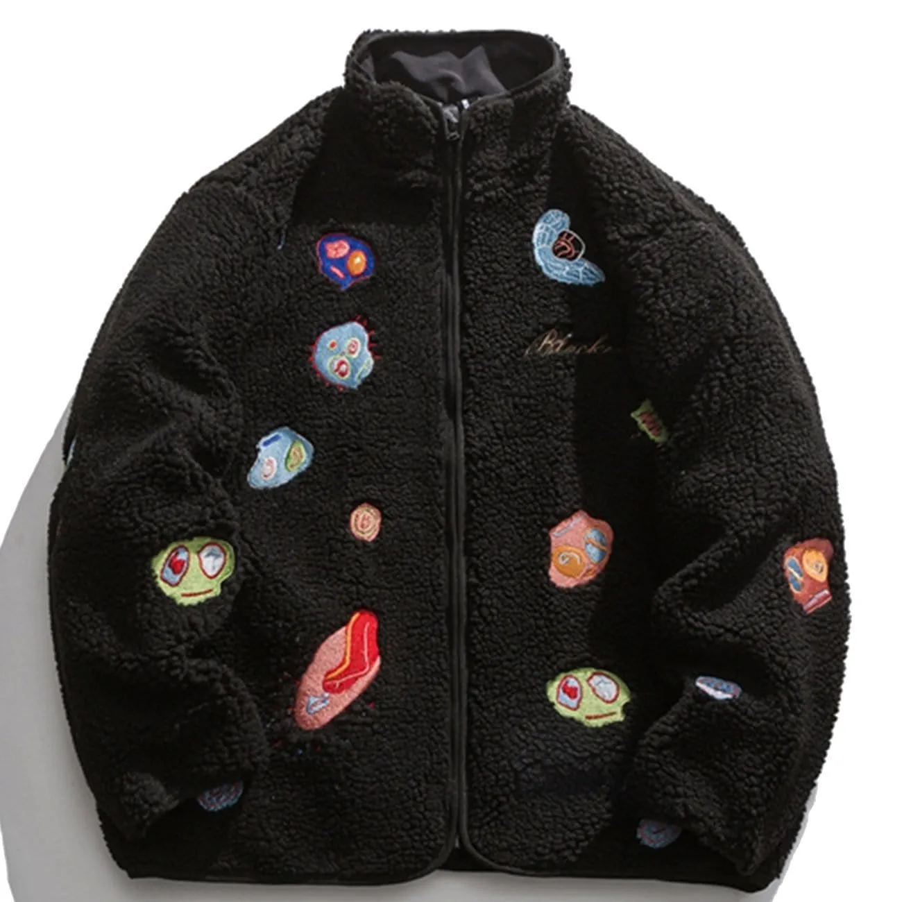 Bizarre Skull Embroidery Sherpa Winter Coat