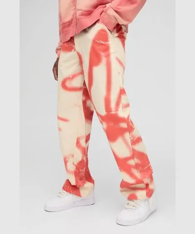 boohoo Mens Fixed Waist Relaxed Twill Graffiti Printed Pants