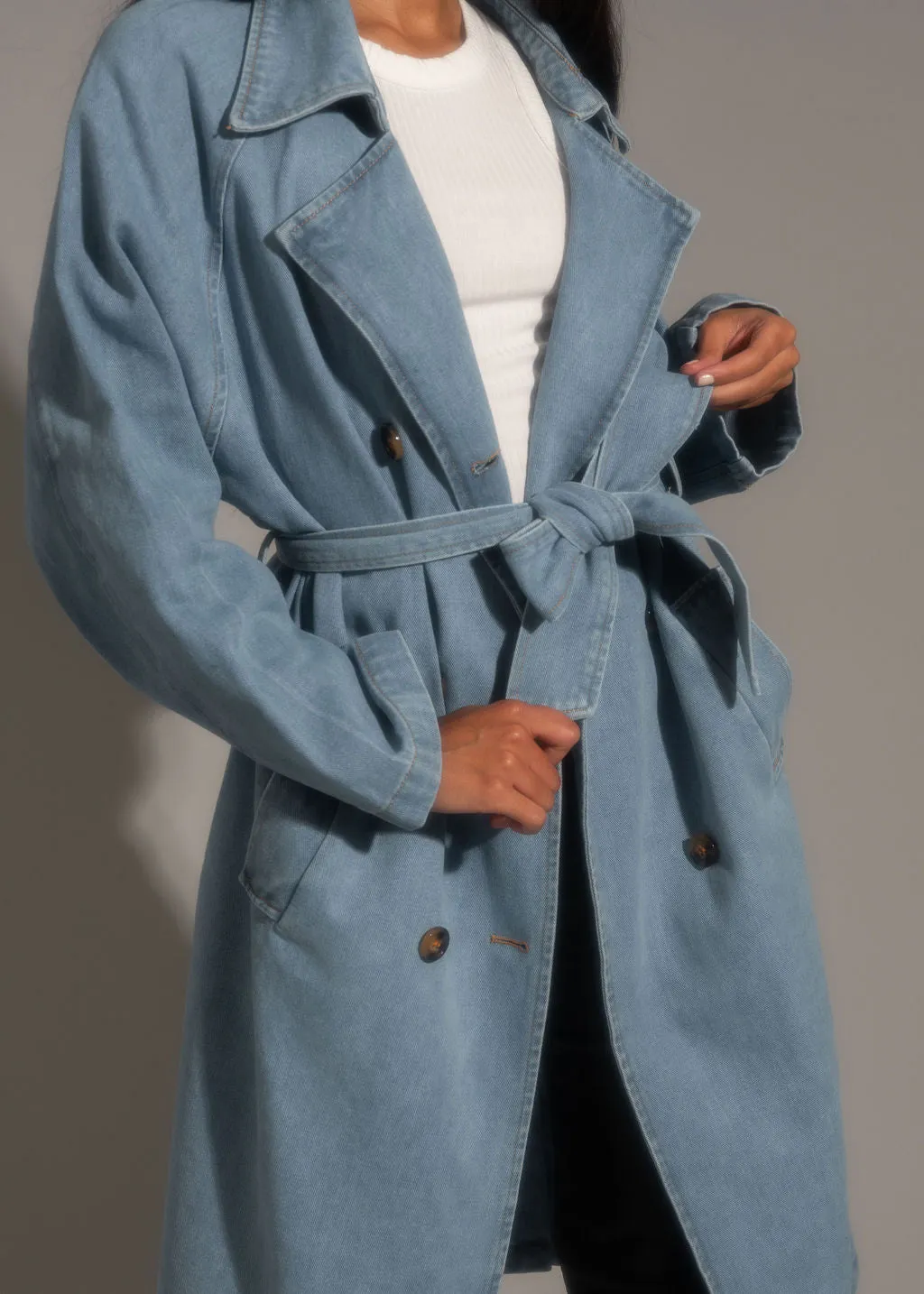 Cassis Light Wash Denim Trench Coat