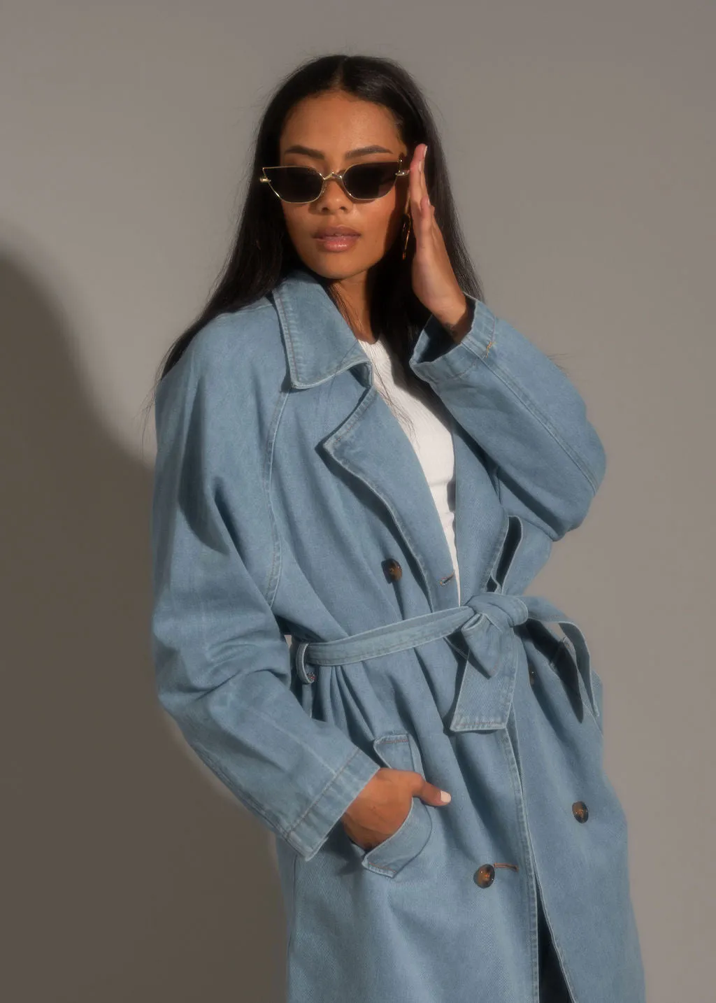 Cassis Light Wash Denim Trench Coat