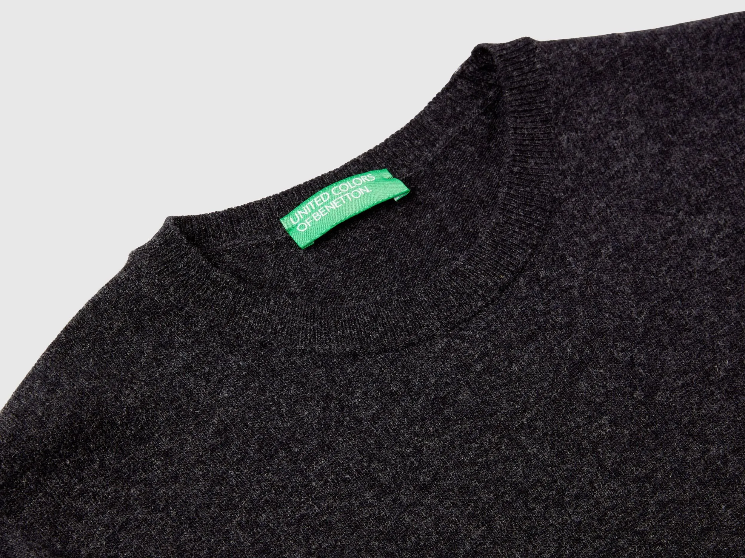 Charcoal gray crew neck sweater in pure Merino wool - Dark Gray | Benetton