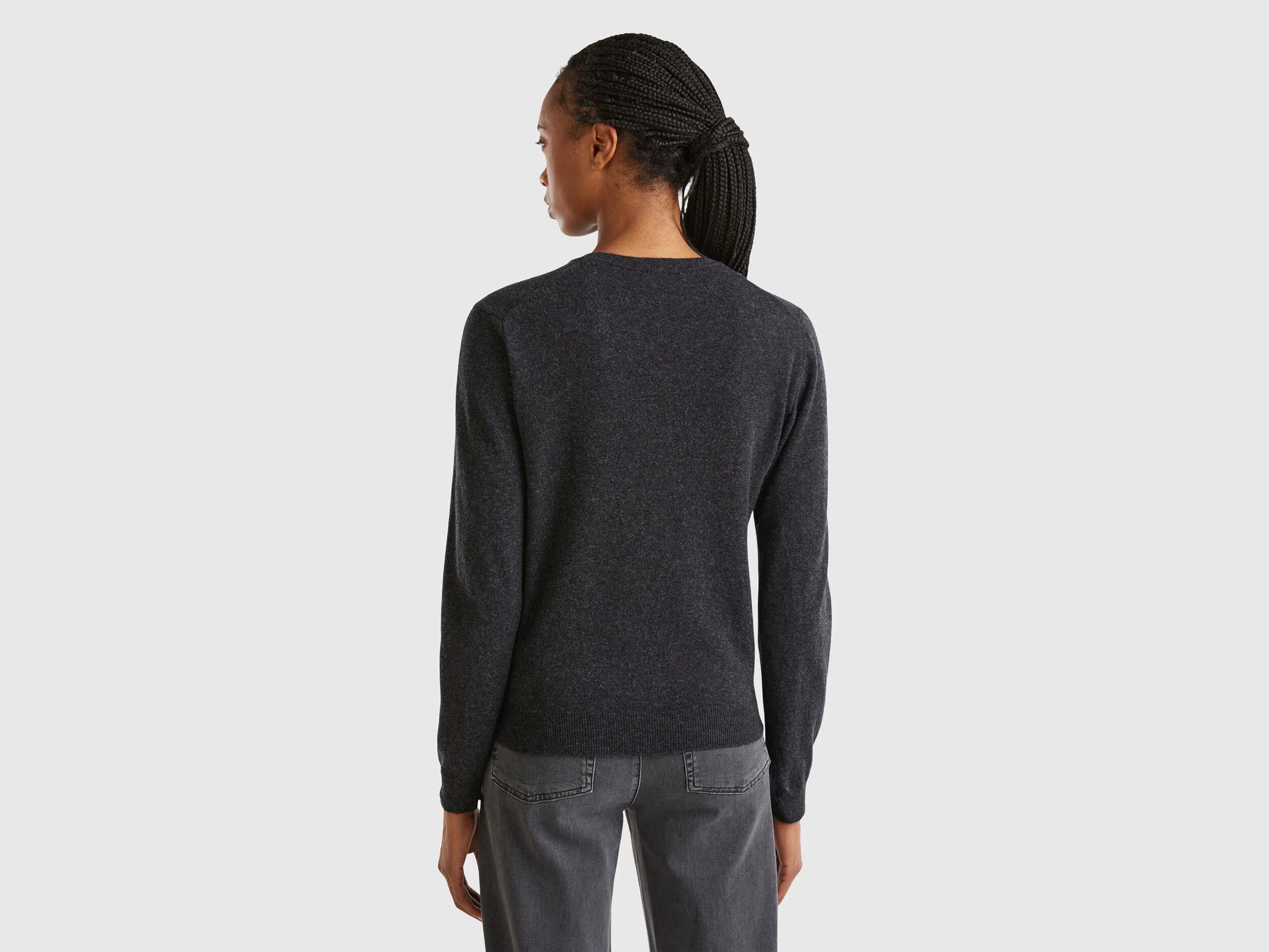 Charcoal gray crew neck sweater in pure Merino wool - Dark Gray | Benetton