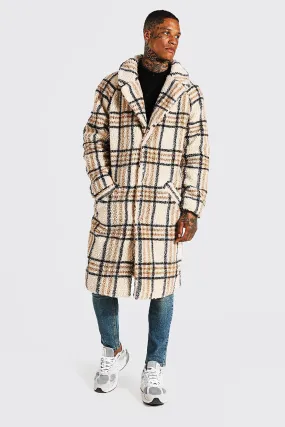 Check Borg Longline Coat | boohooMAN UK