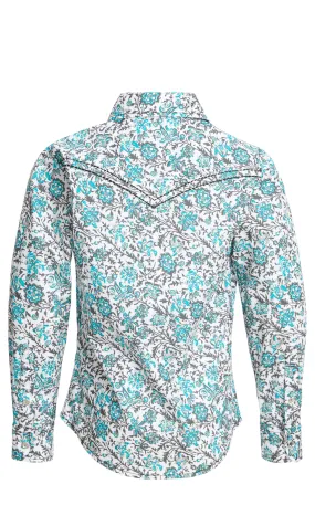 Cowgirl Hardware Girl's Turquoise White & Grey Floral Print Long Sleeve Western Shirt