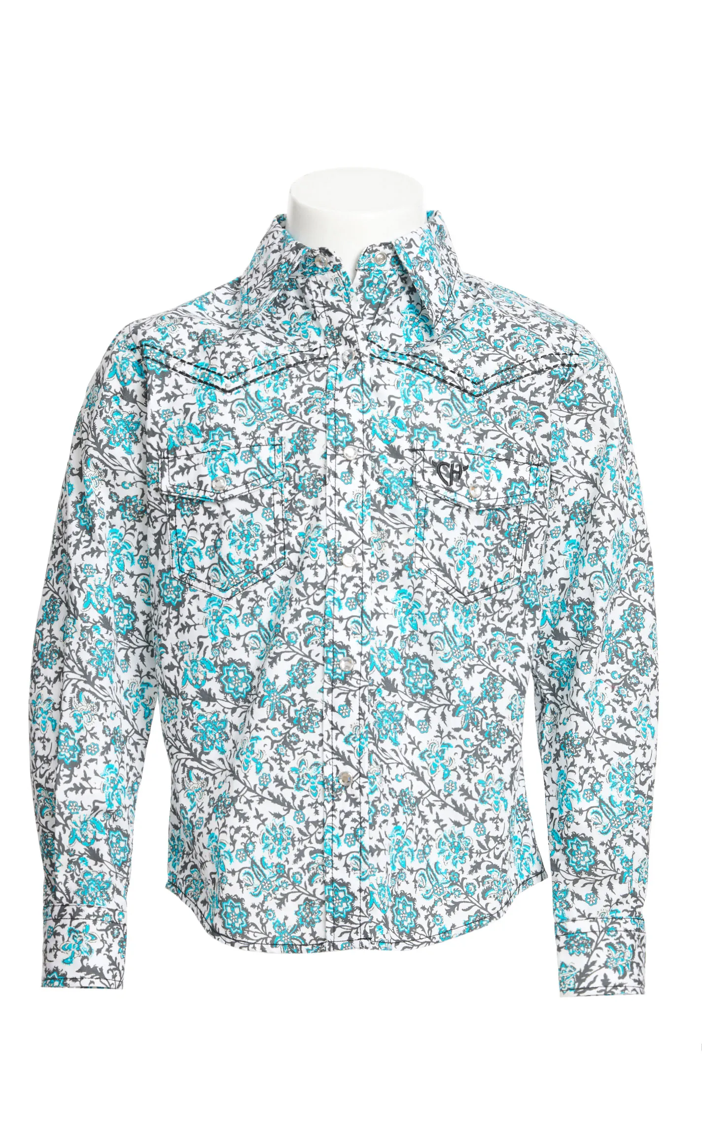 Cowgirl Hardware Girl's Turquoise White & Grey Floral Print Long Sleeve Western Shirt