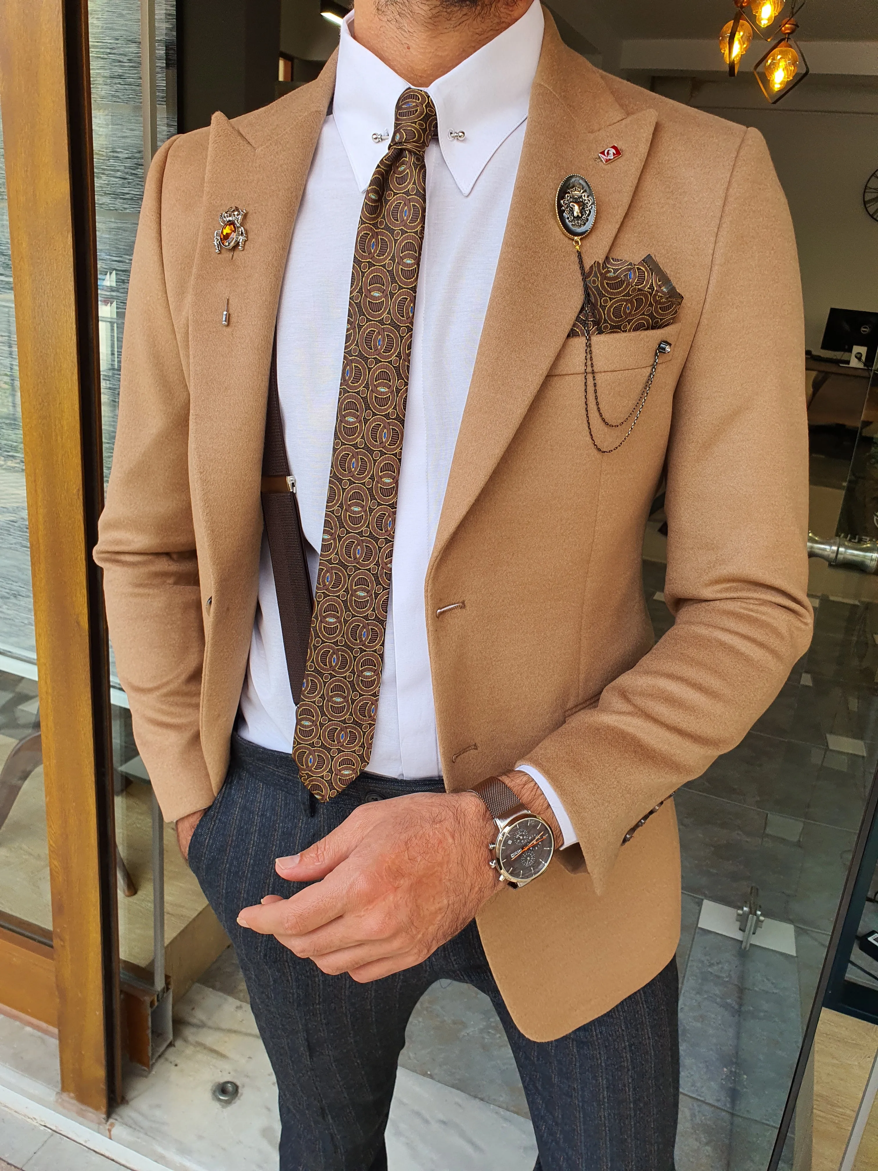 Eros Beige Slim Fit Wool Coat