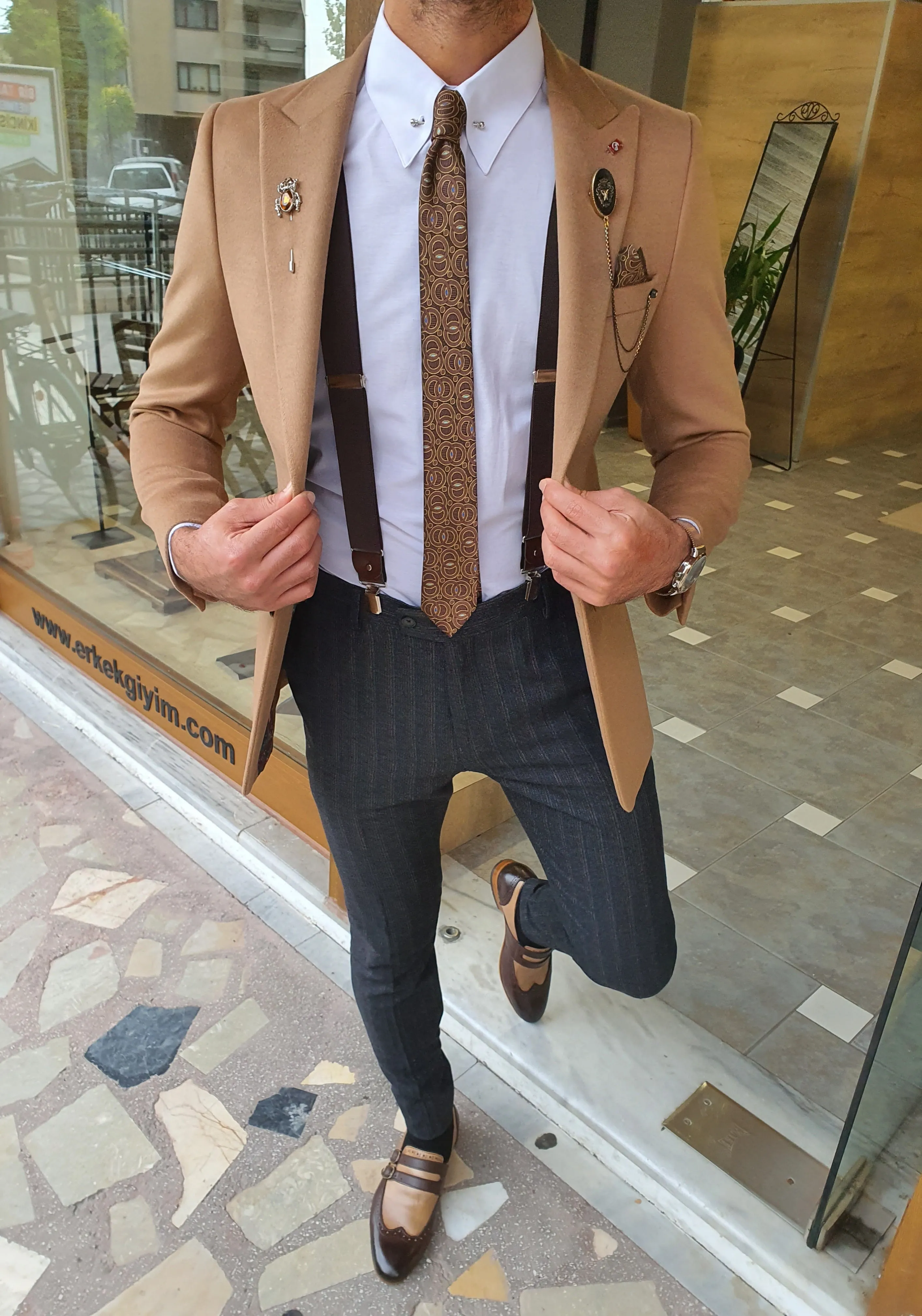 Eros Beige Slim Fit Wool Coat