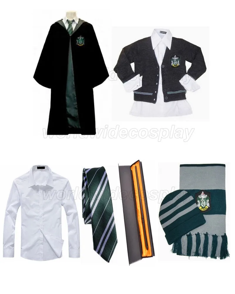 Free Shipping Harry Slytherin House Robe Sweater Shirt Necktie Hat Scarf Draco Malfoy Magic Wand for Halloween and Christmas