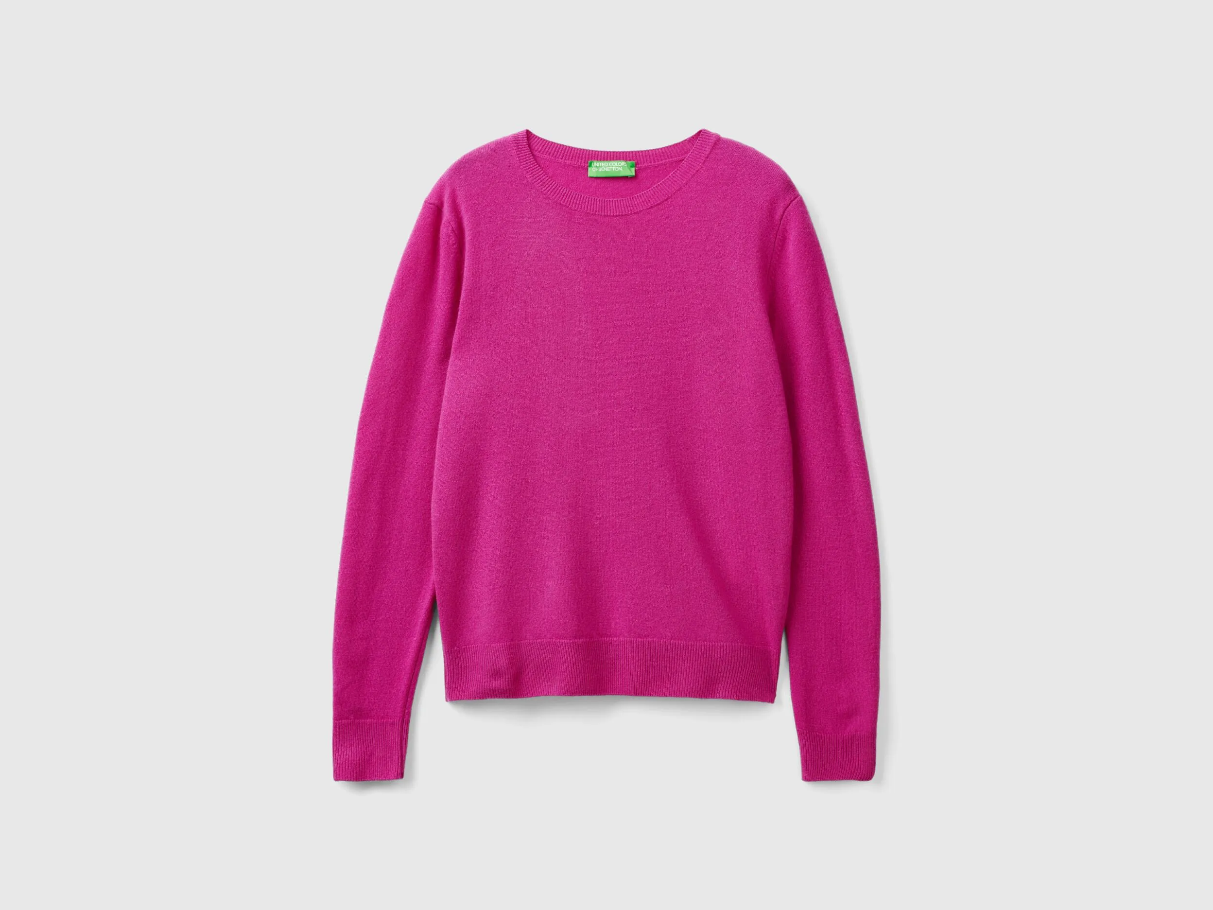 Fuchsia cyclamen crew neck sweater in pure Merino wool - Cyclamen | Benetton