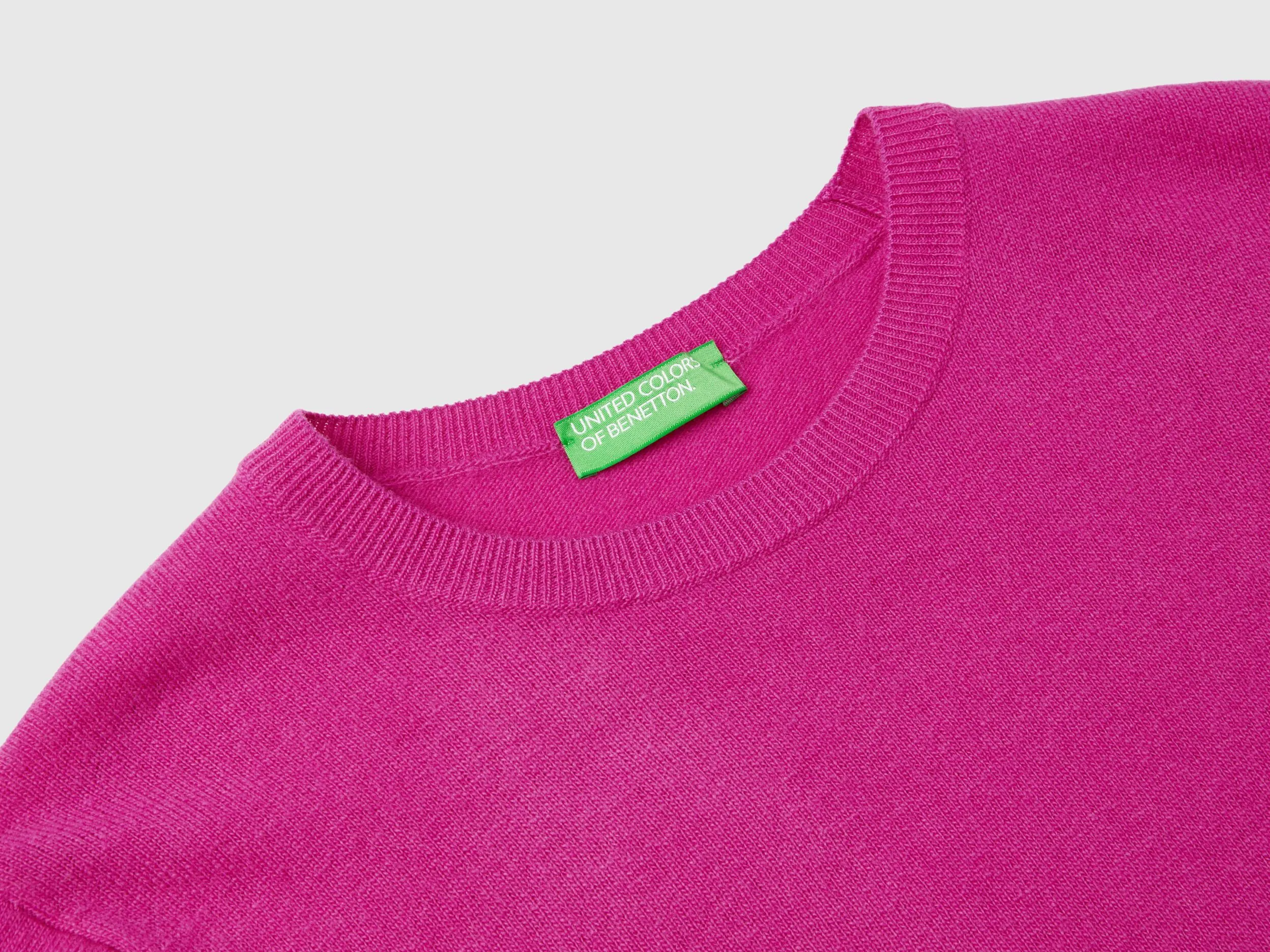 Fuchsia cyclamen crew neck sweater in pure Merino wool - Cyclamen | Benetton