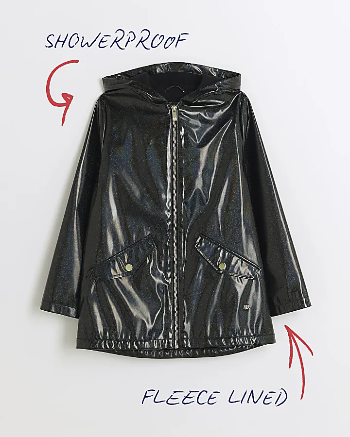 Girls black glitter hooded rain coat