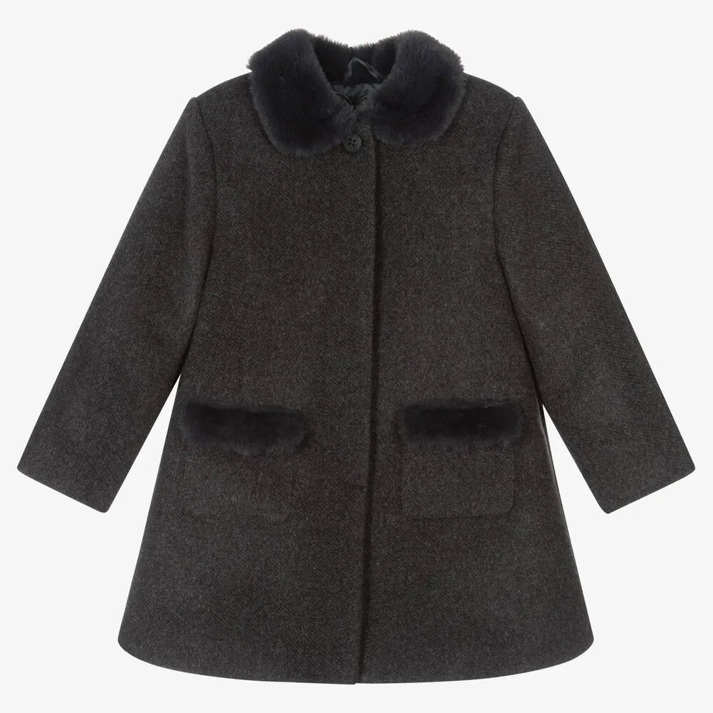 Girls Grey Faux Fur Trimmed Coat