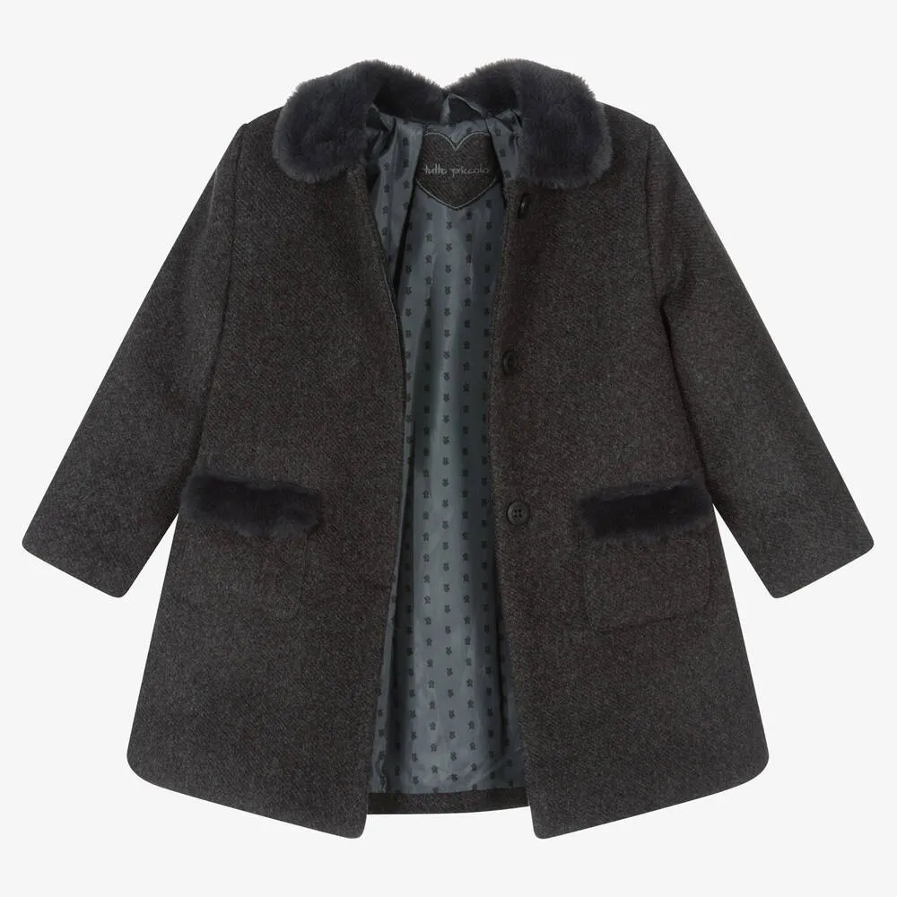 Girls Grey Faux Fur Trimmed Coat