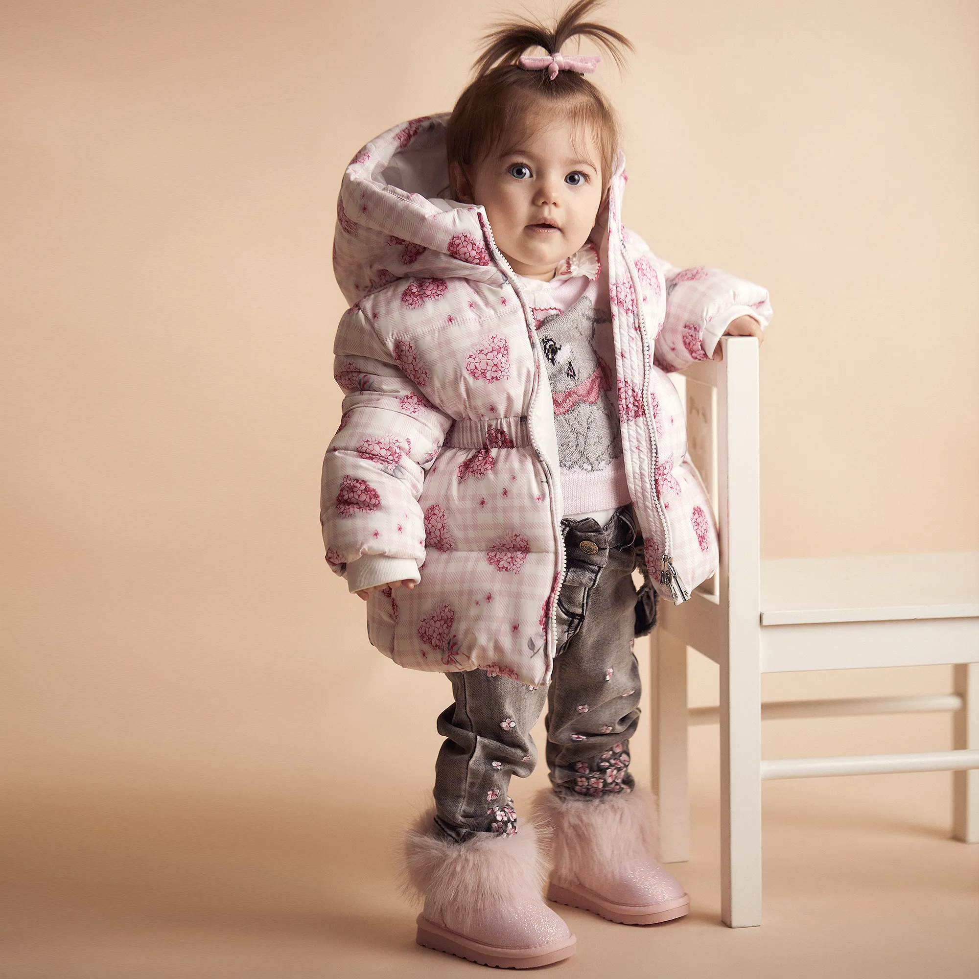 Girls Pink Puffer Flower Hooded Coat