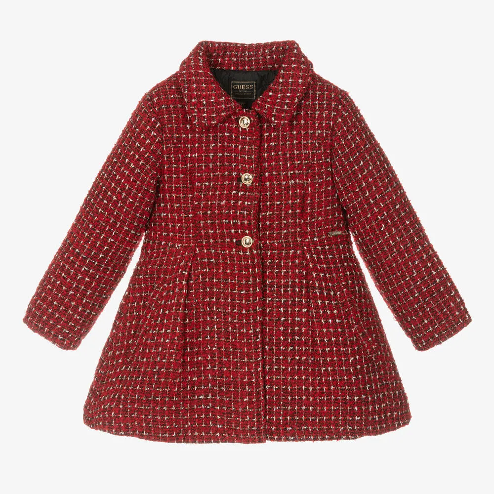 Girls Red & Black Tweed Coat