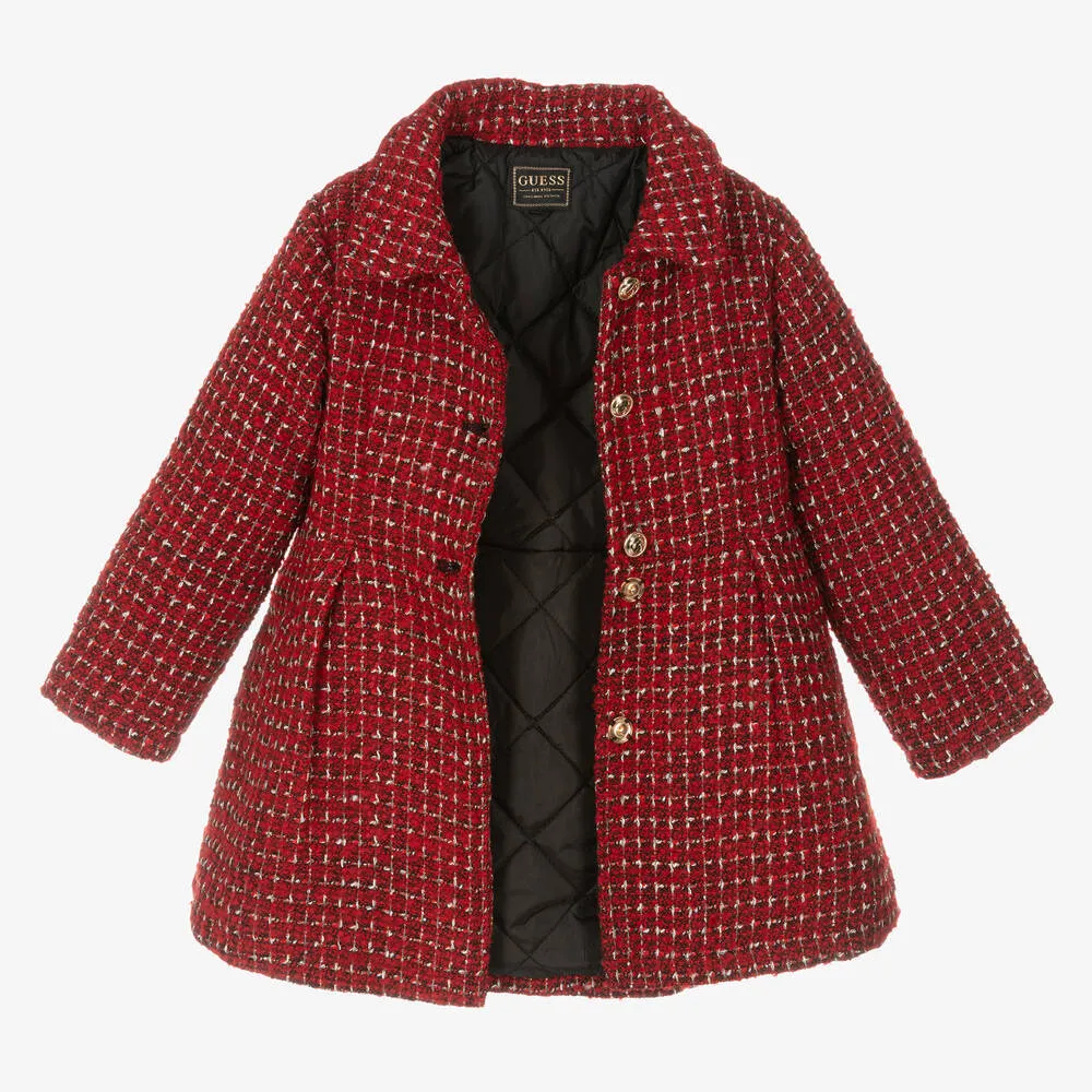 Girls Red & Black Tweed Coat