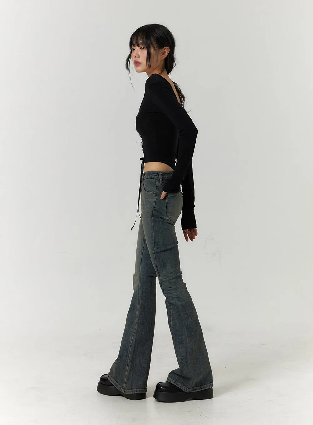 High Waist Slim Washed Bootcut Jeans CF407