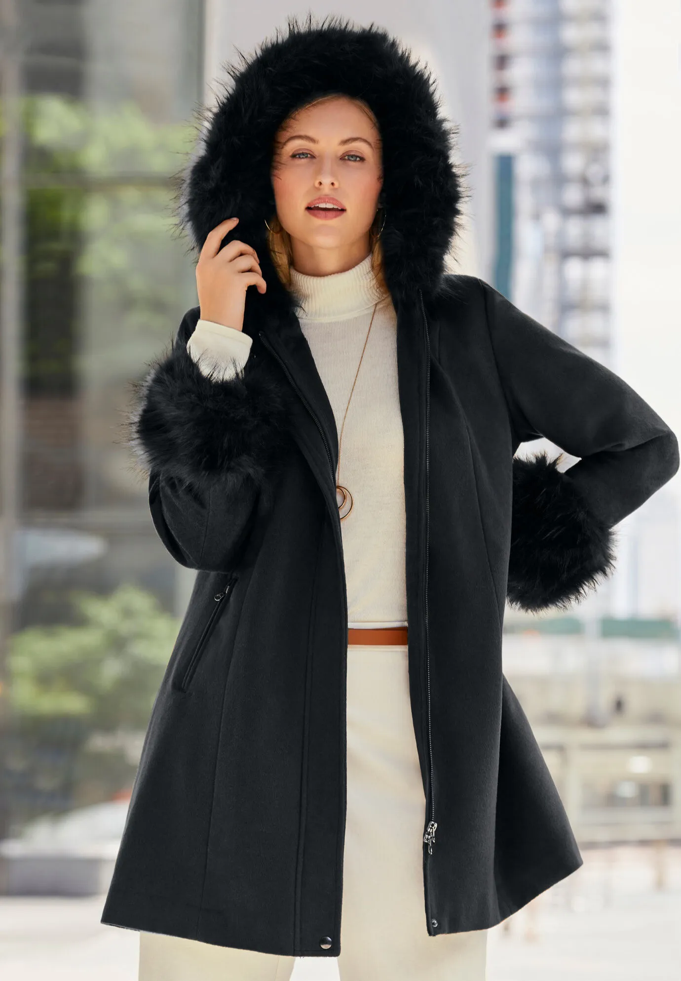 Hooded Faux Fur Trim Coat