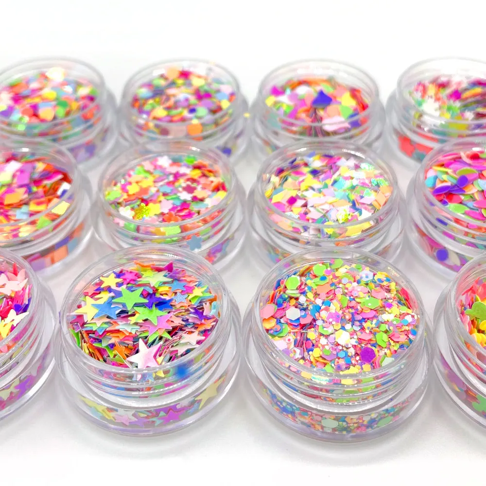 Iridescent Neon Mixed Shape Glitter Set / 12 Jars