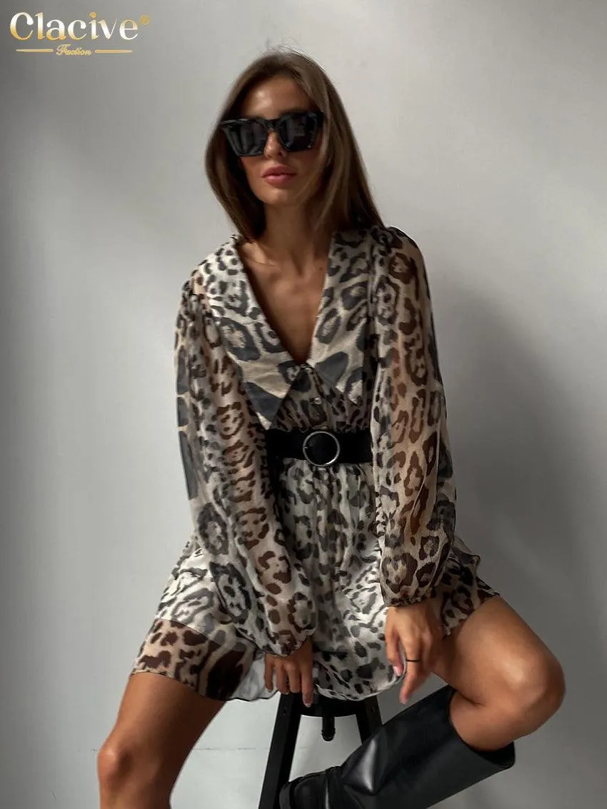 Leopard Print Sexy Deep V-Neck Long Flare Sleeve Ruffle Dress