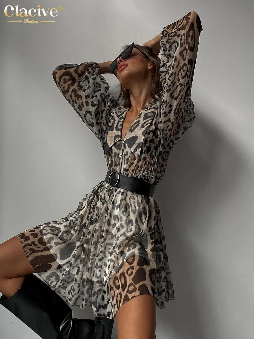 Leopard Print Sexy Deep V-Neck Long Flare Sleeve Ruffle Dress