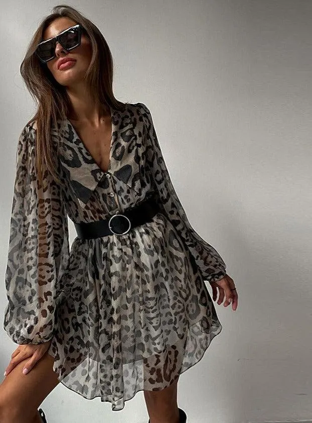 Leopard Print Sexy Deep V-Neck Long Flare Sleeve Ruffle Dress