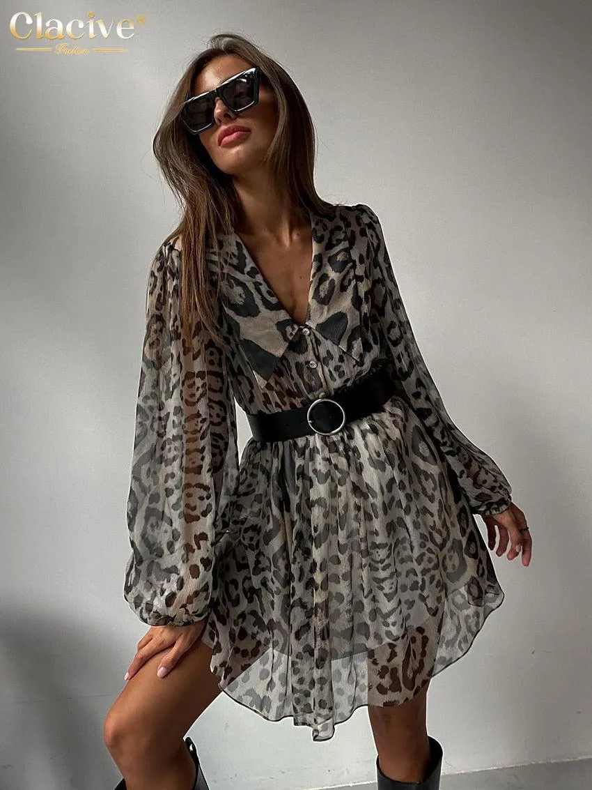 Leopard Print Sexy Deep V-Neck Long Flare Sleeve Ruffle Dress