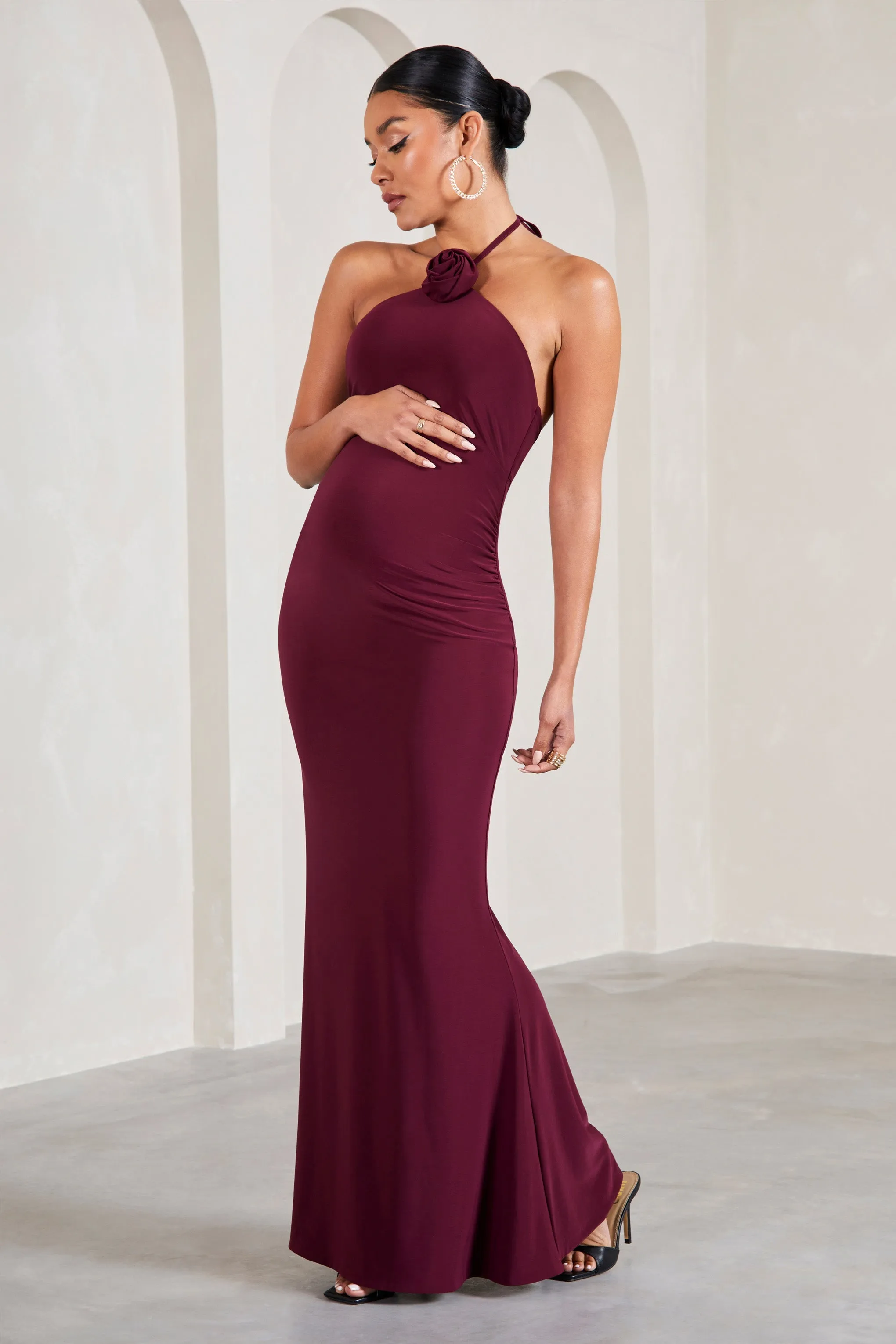 Loving | Burgundy Halter-Neck Maternity Maxi Dress With Flower Corsage