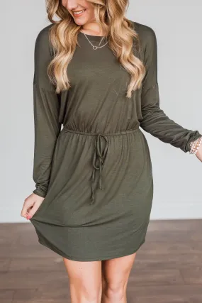 Moonlight Kisses Long Sleeve Dress- Dark Olive