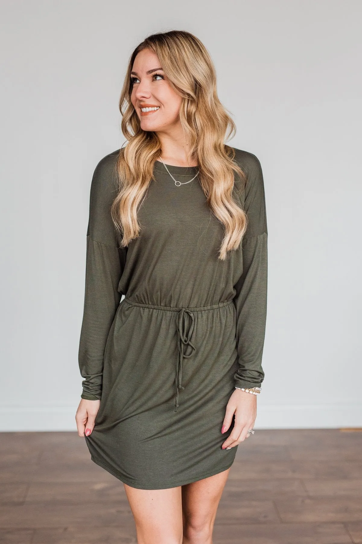 Moonlight Kisses Long Sleeve Dress- Dark Olive