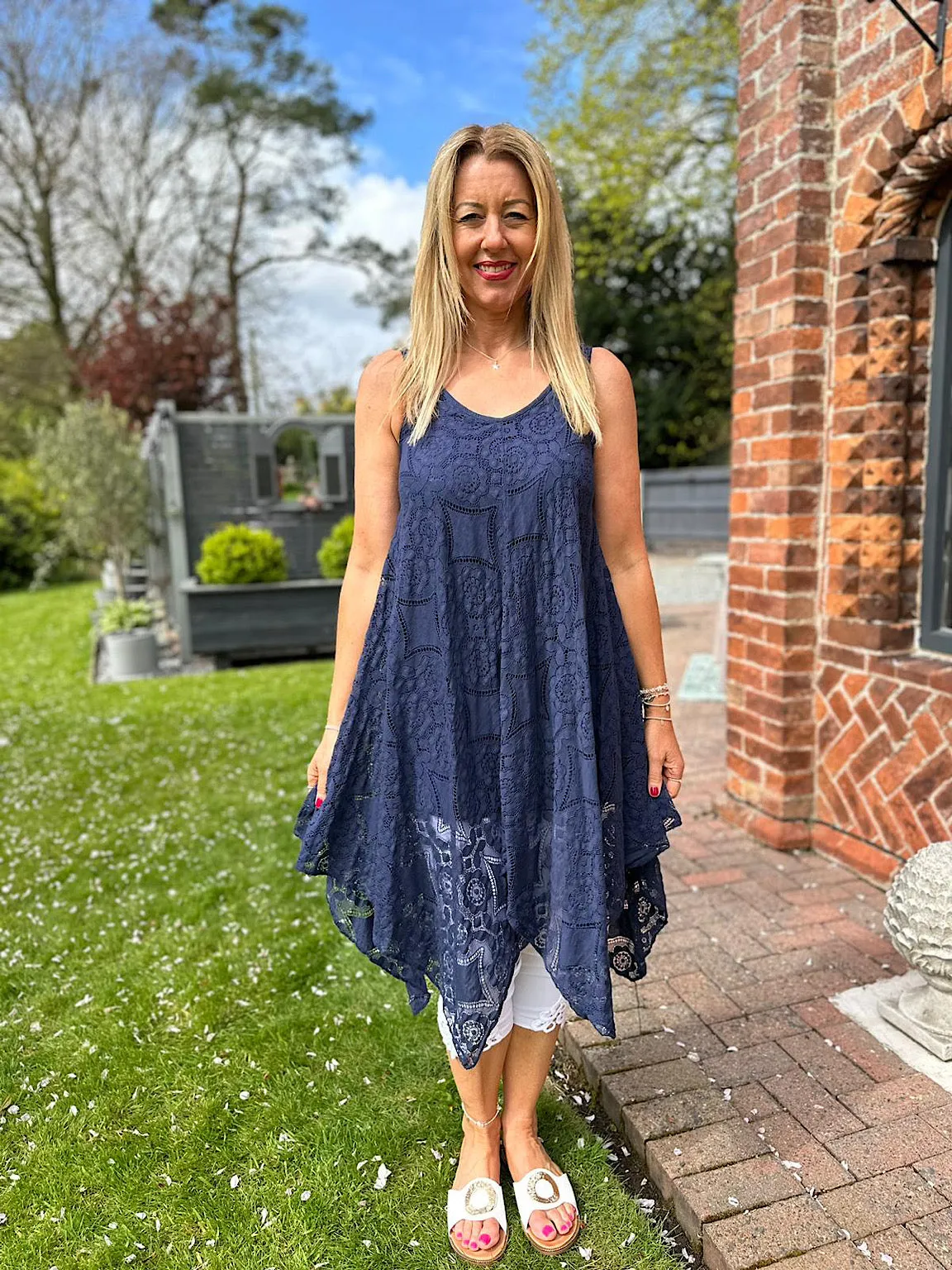 Navy Lace V Neck Dress Tuscany