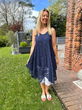 Navy Lace V Neck Dress Tuscany