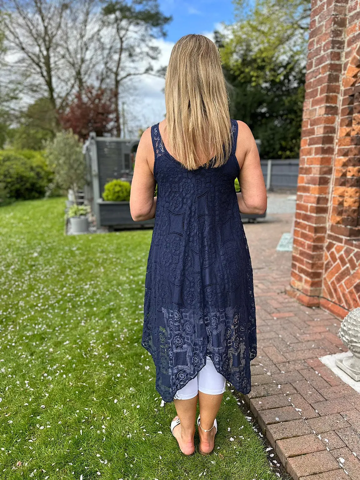 Navy Lace V Neck Dress Tuscany