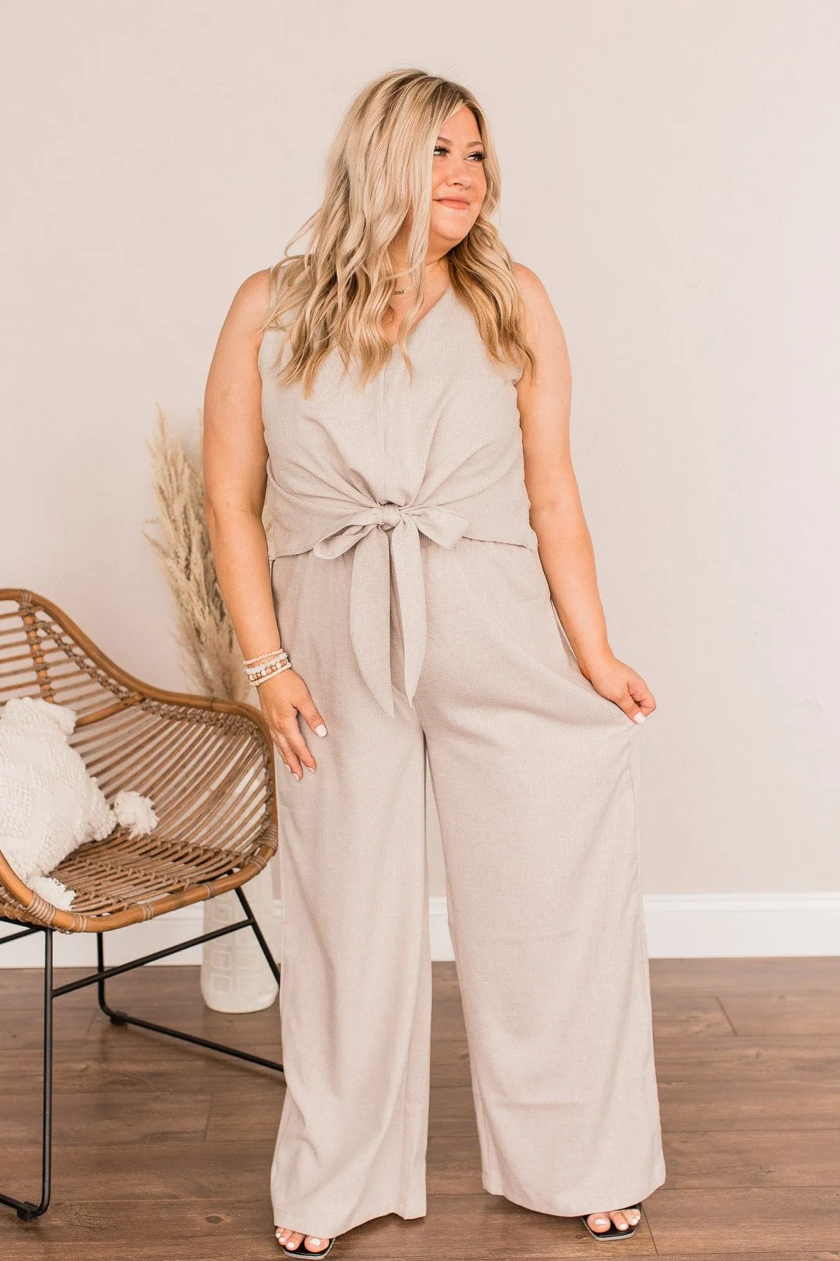 No Time For You Jumpsuit- Light Taupe