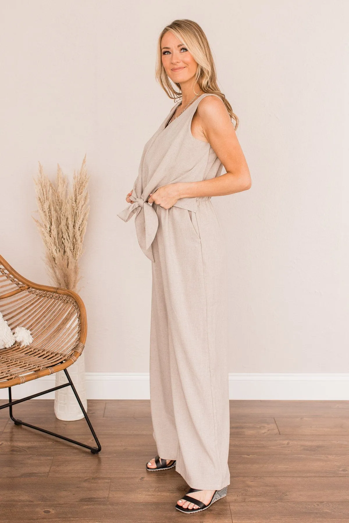 No Time For You Jumpsuit- Light Taupe