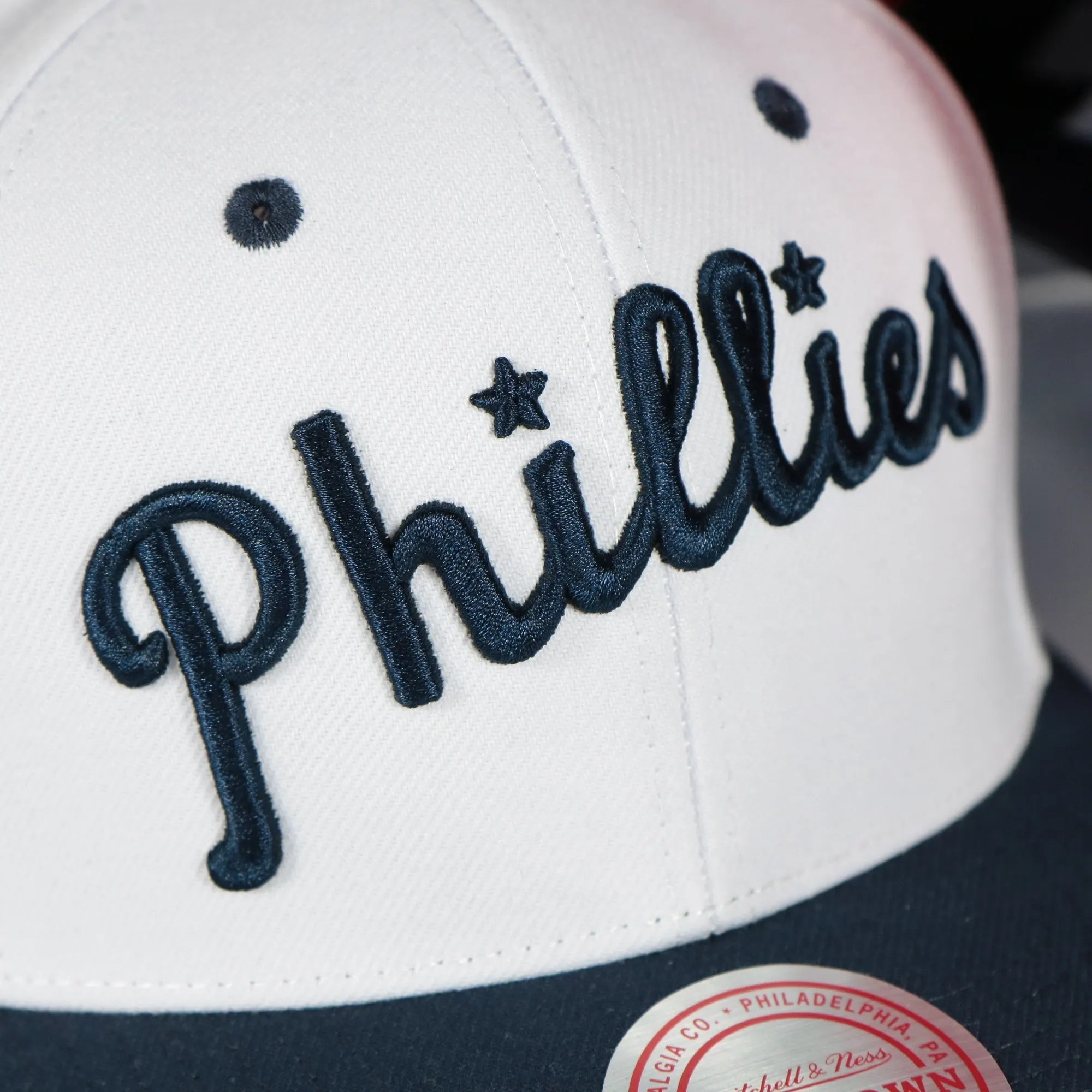 Philadelphia Phillies Cooperstown Phillies Jersey Script 1911 Phillies logo side patch Evergreen Pro | White/Navy Snapback Hat