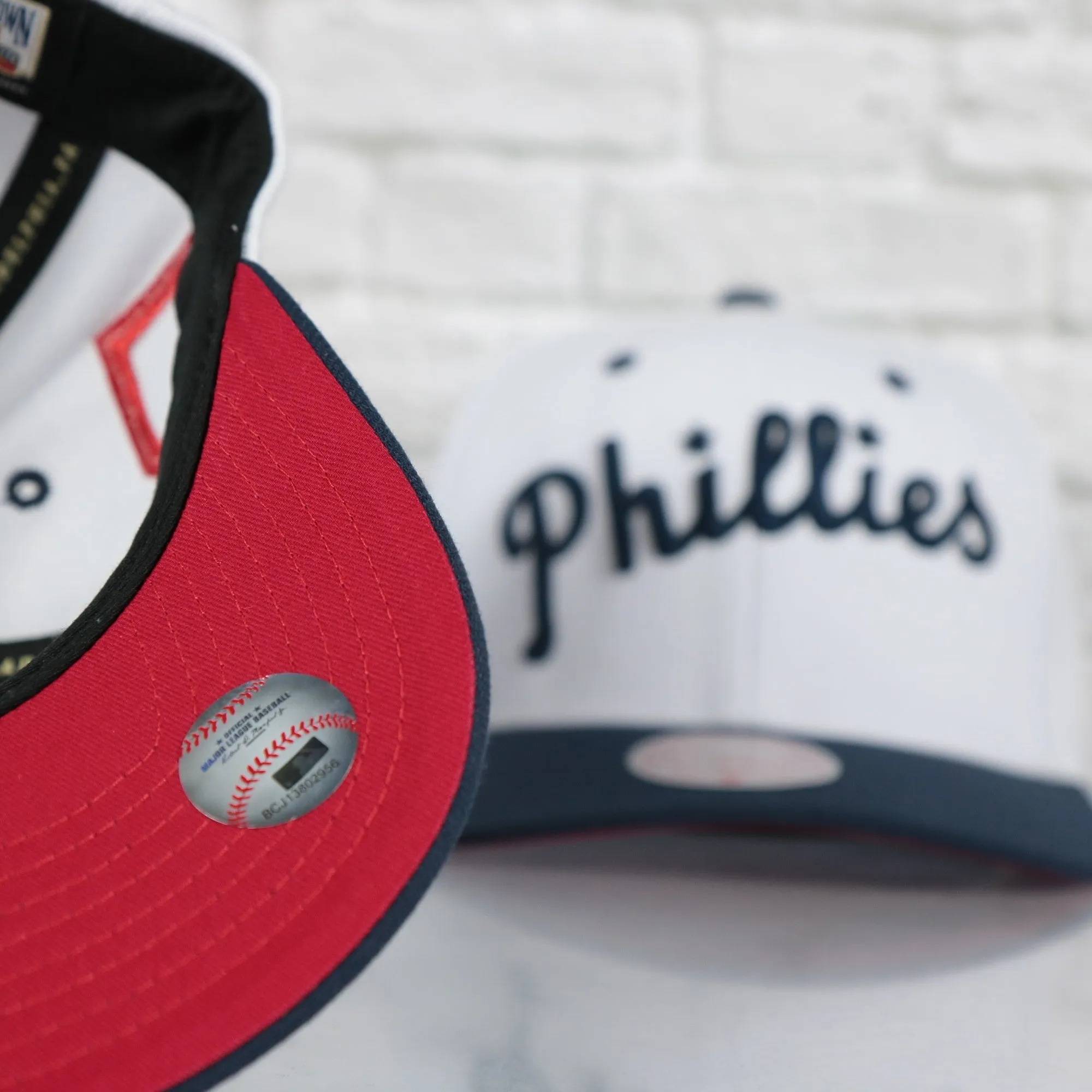 Philadelphia Phillies Cooperstown Phillies Jersey Script 1911 Phillies logo side patch Evergreen Pro | White/Navy Snapback Hat