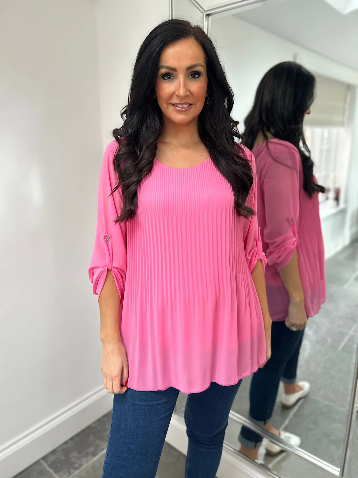 Pink Button Sleeve Pleated Blouse Elaine