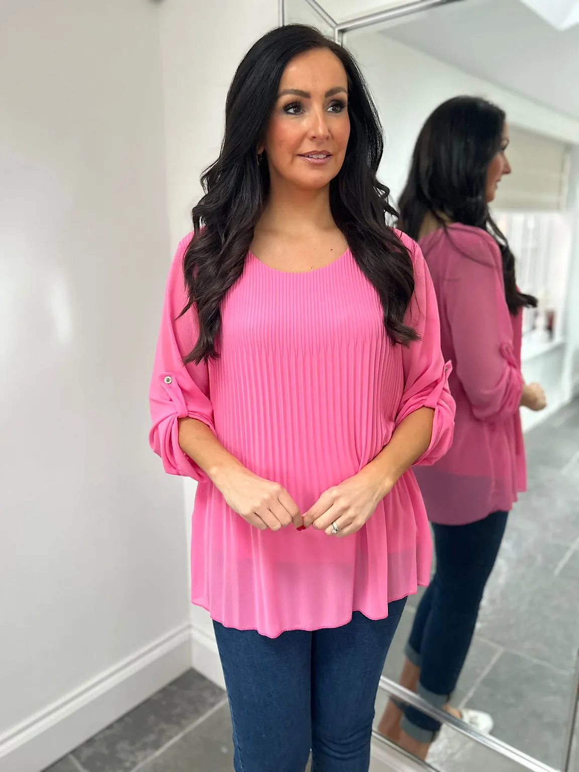 Pink Button Sleeve Pleated Blouse Elaine