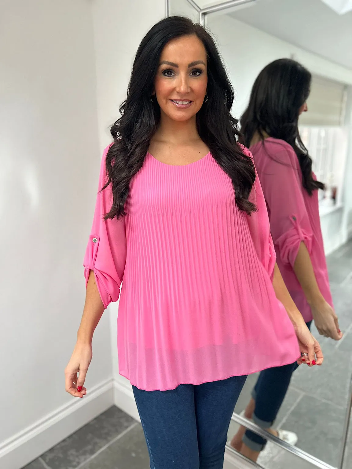 Pink Button Sleeve Pleated Blouse Elaine