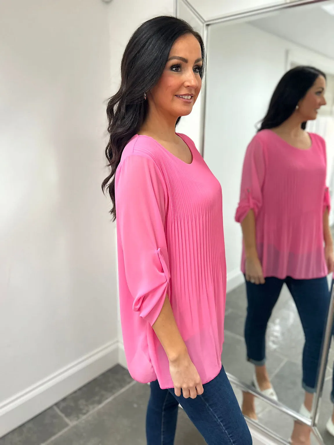 Pink Button Sleeve Pleated Blouse Elaine