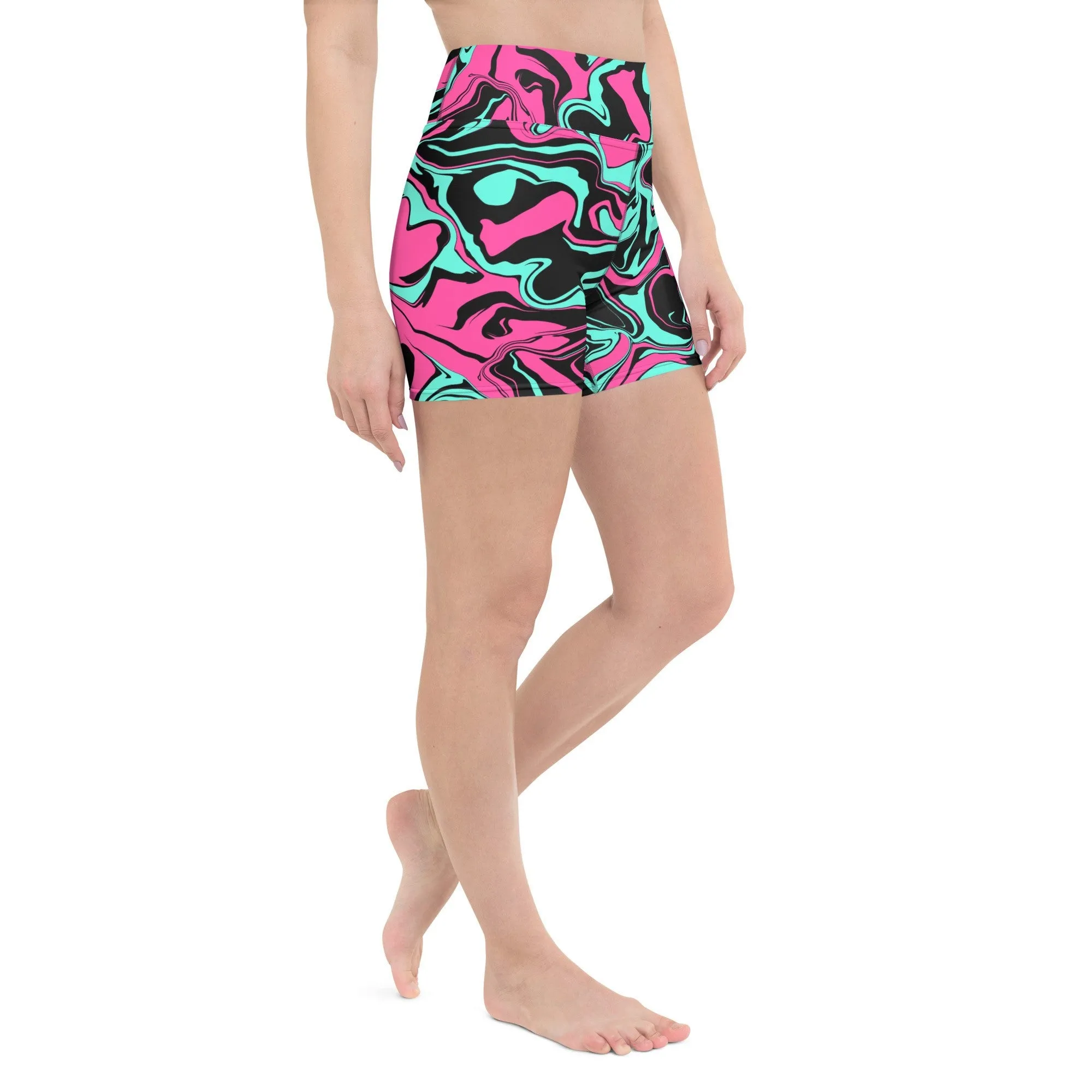 Pink Turquoise and Black Abstract Melt Rave Ready Yoga Shorts w/ Inside Pocket