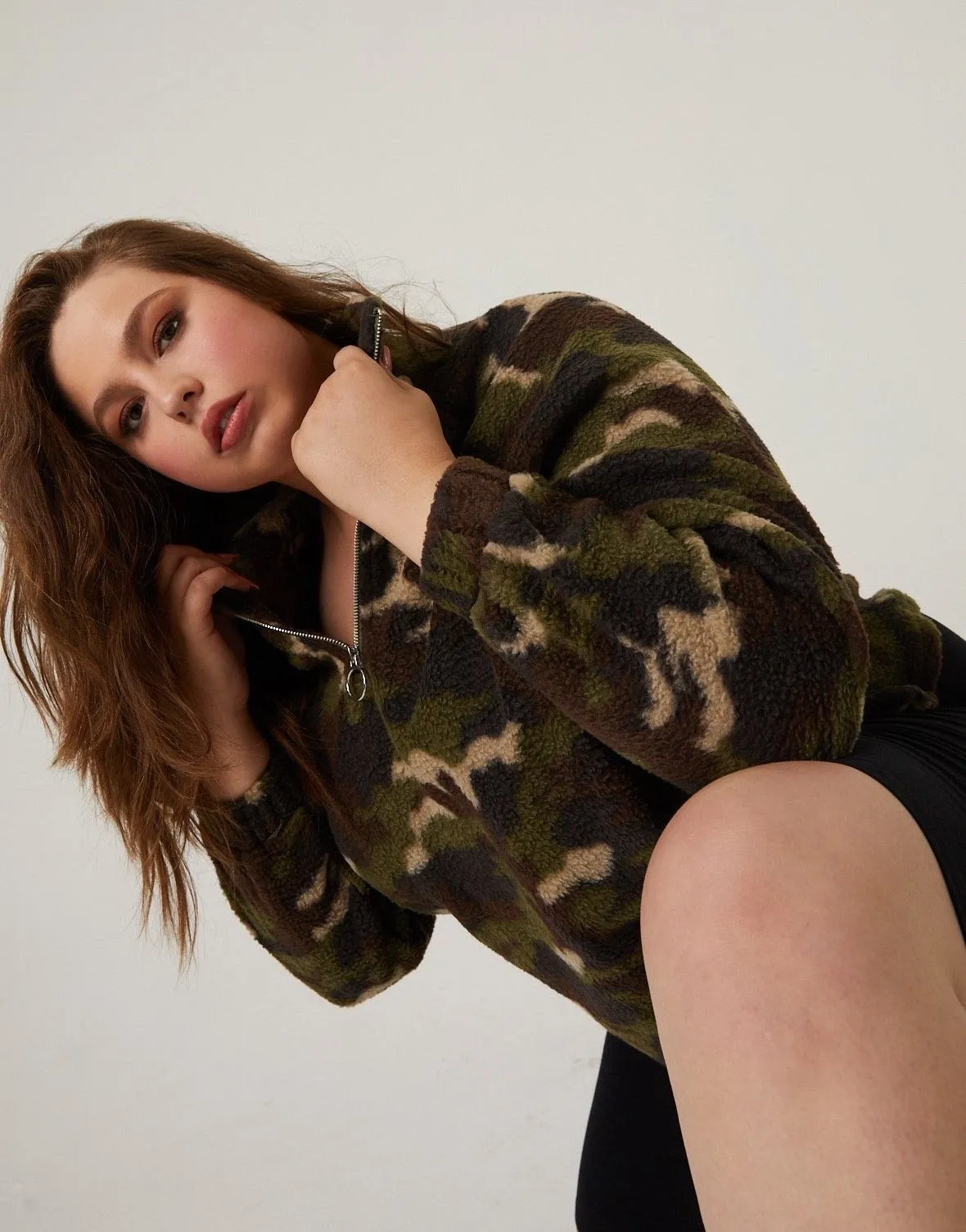 Plus Size Camo Sherpa Quarter Zip