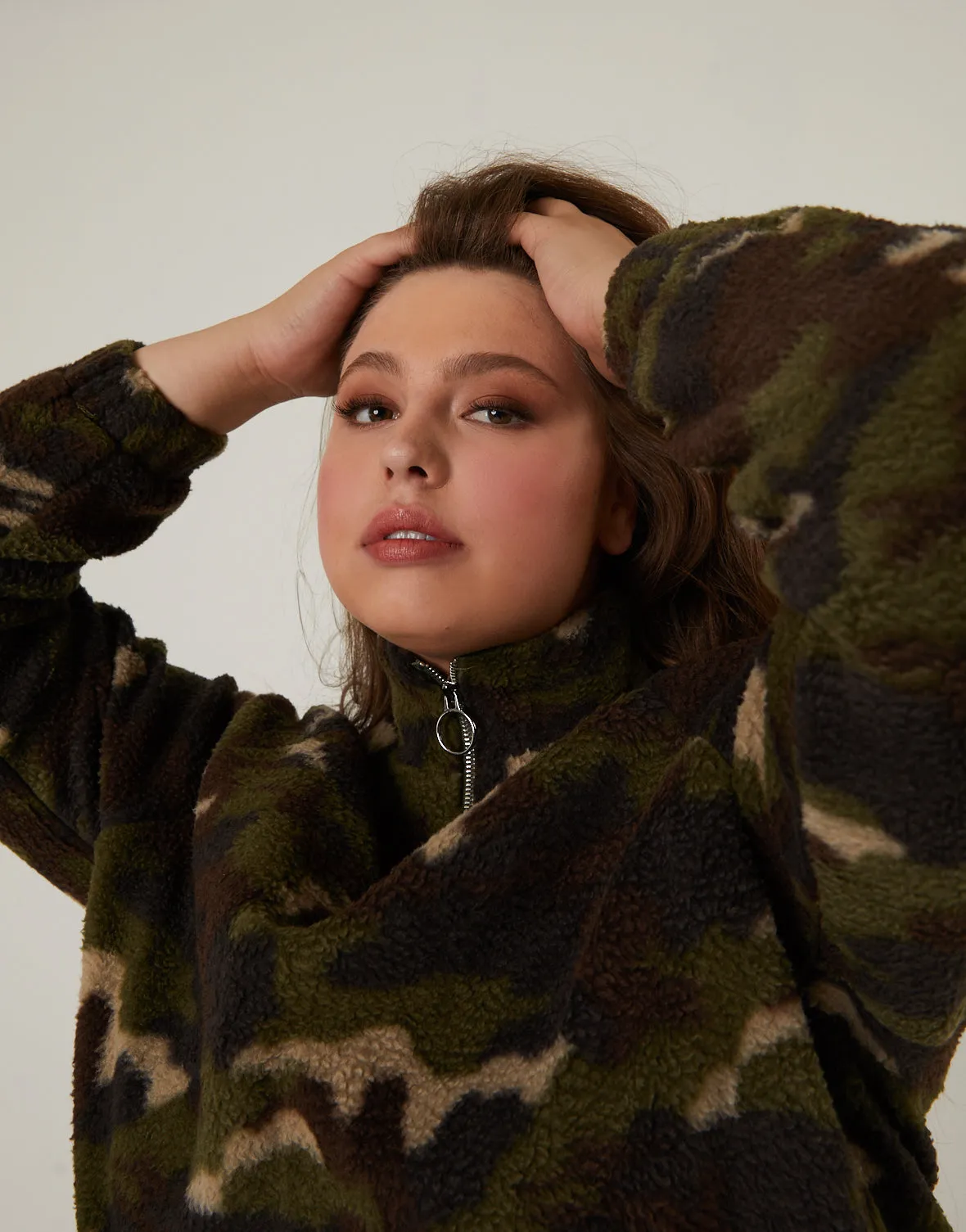 Plus Size Camo Sherpa Quarter Zip