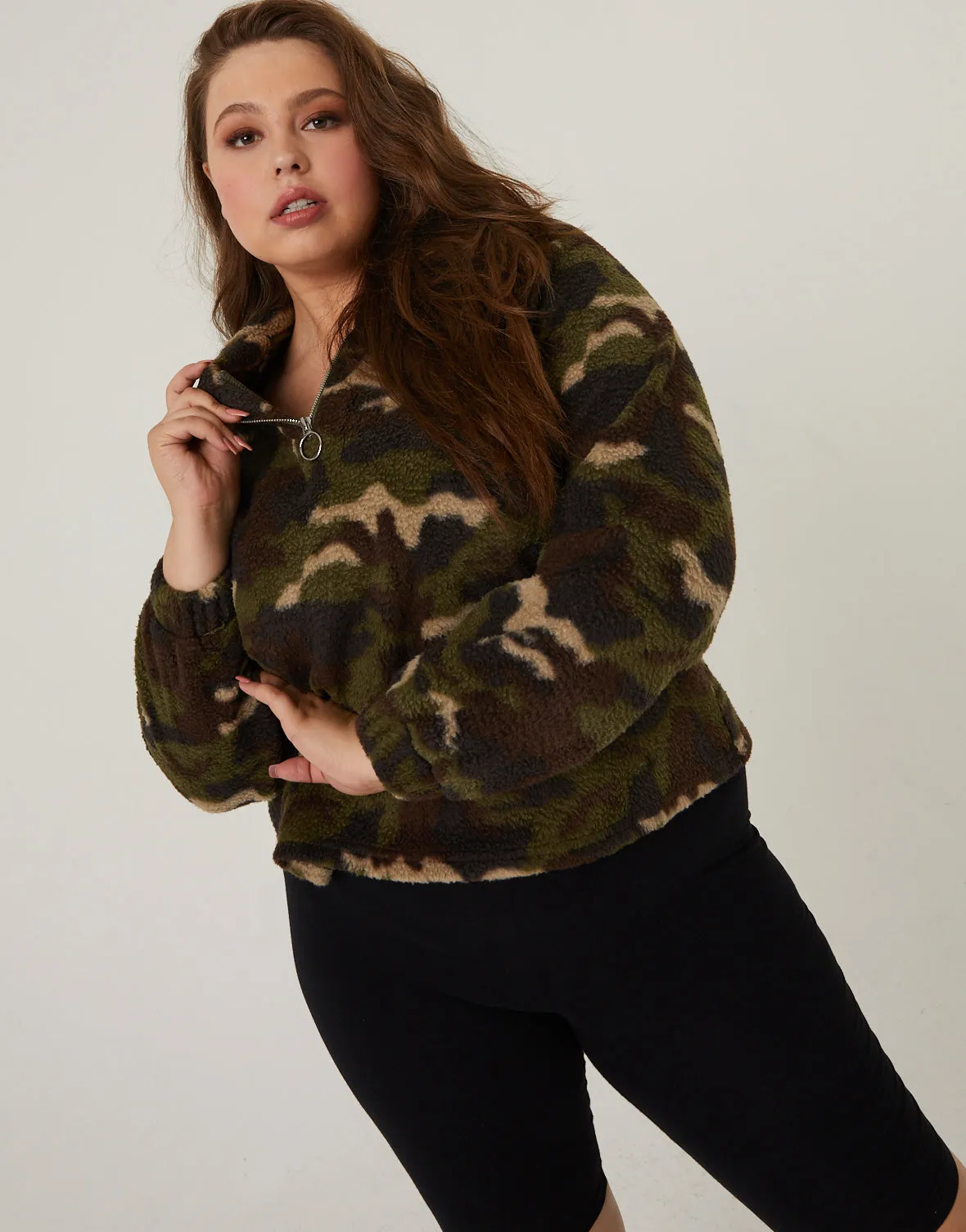 Plus Size Camo Sherpa Quarter Zip