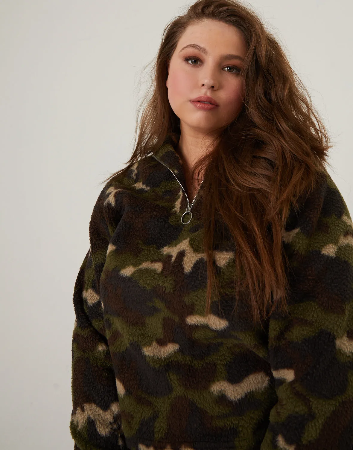 Plus Size Camo Sherpa Quarter Zip