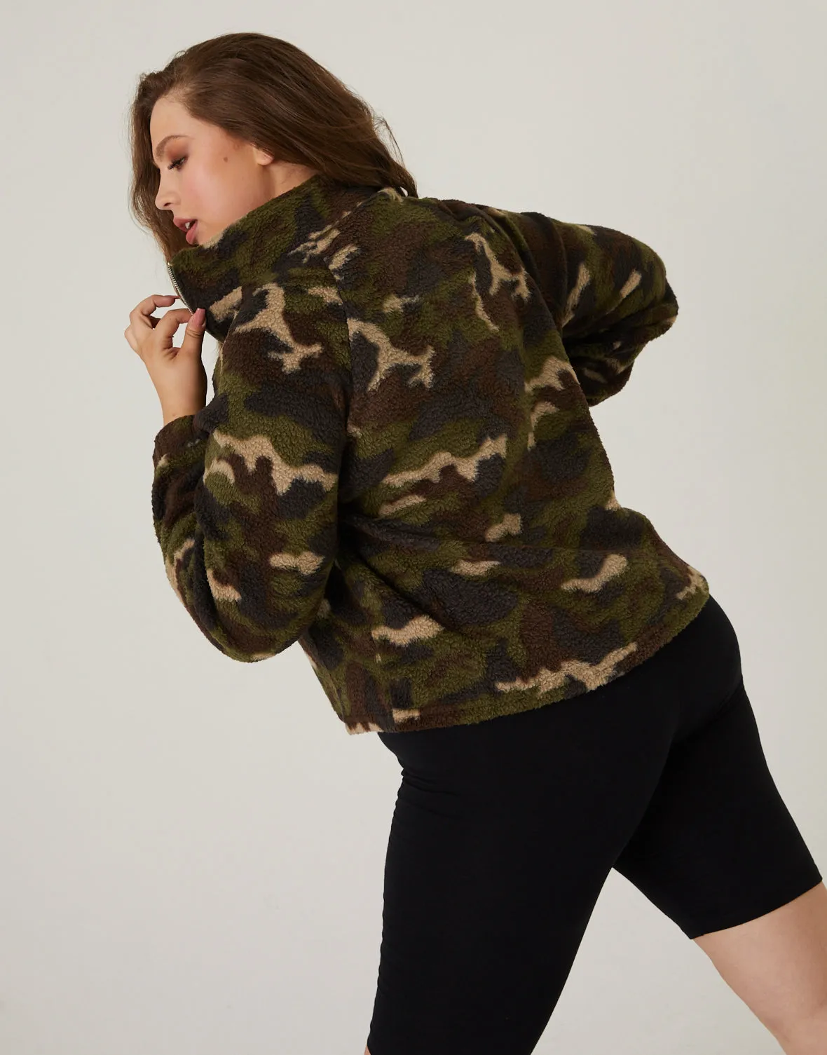 Plus Size Camo Sherpa Quarter Zip