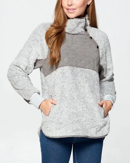 Quilted Soft Faux Shearling Pullover with Asymmetrical Snap-up Front Neckline in Heather Grey